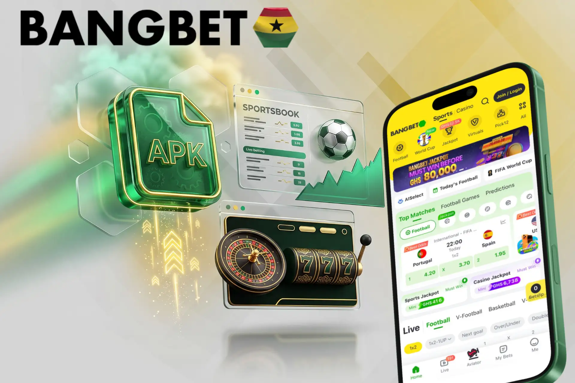 Bangbet mobile app for Android and browser access on iOS.
