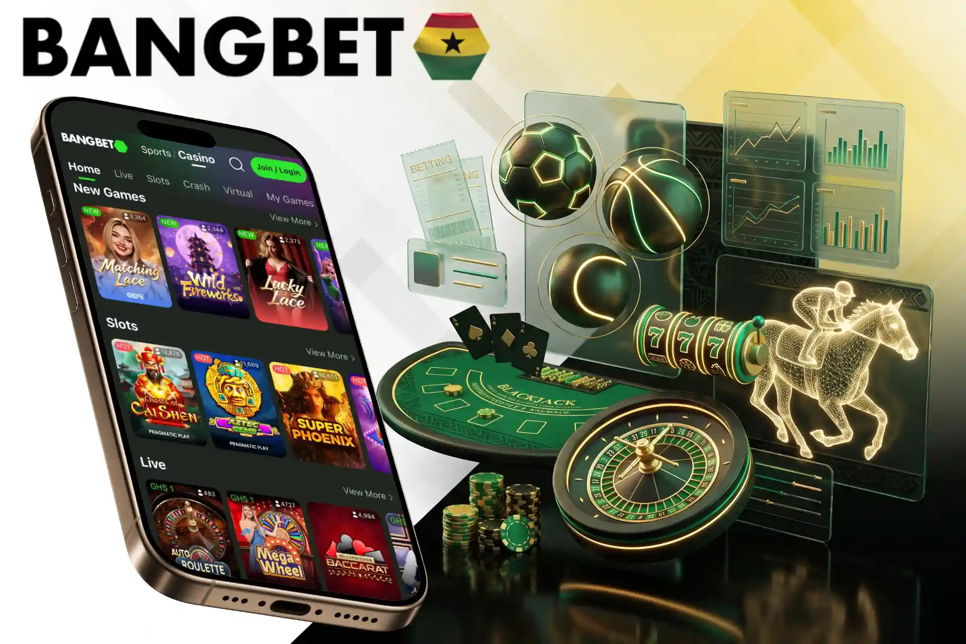 Sports betting, casino games and virtual sports for Ghanaian players.