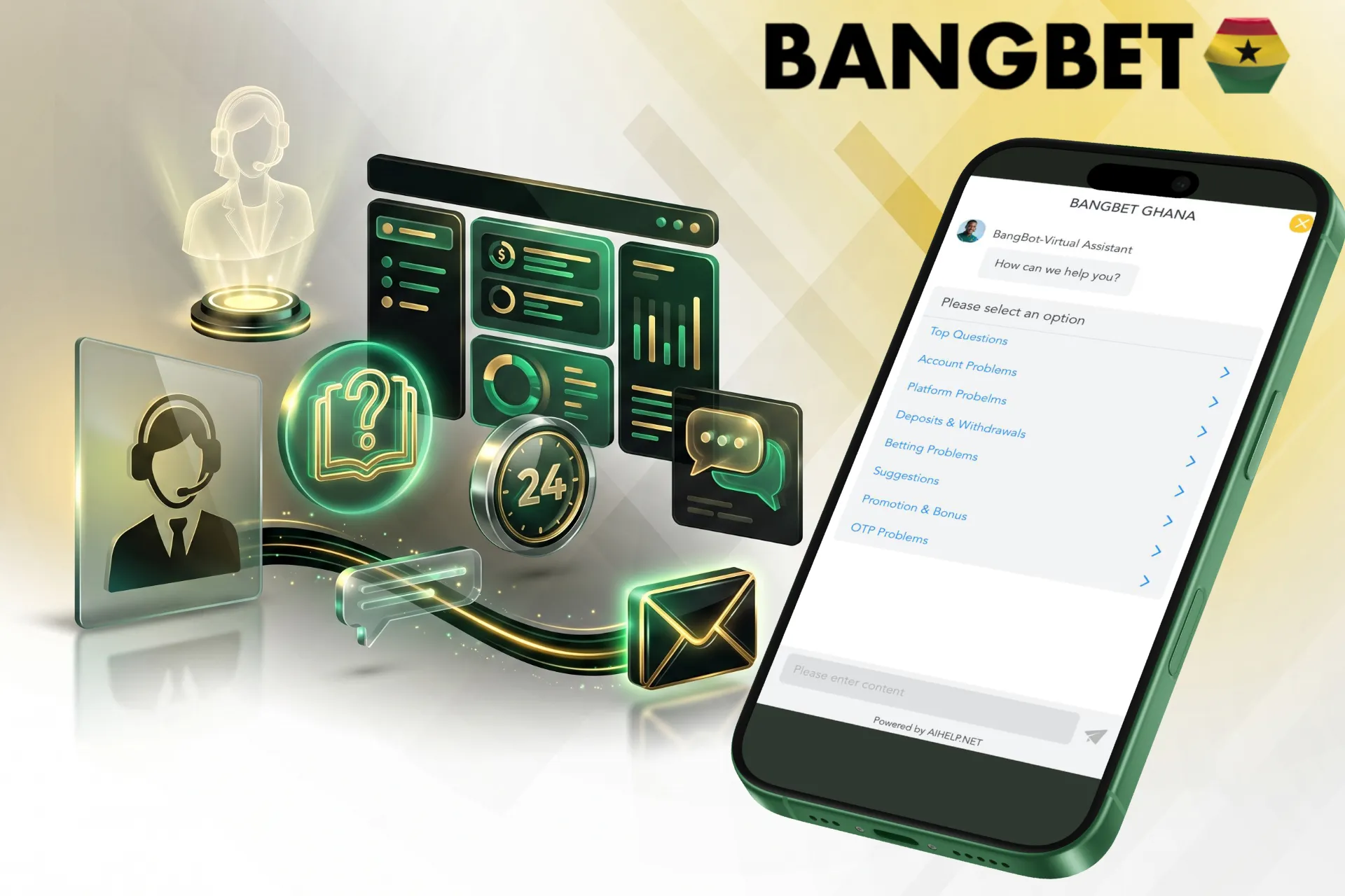 Bangbet customer support via live chat and email assistance.